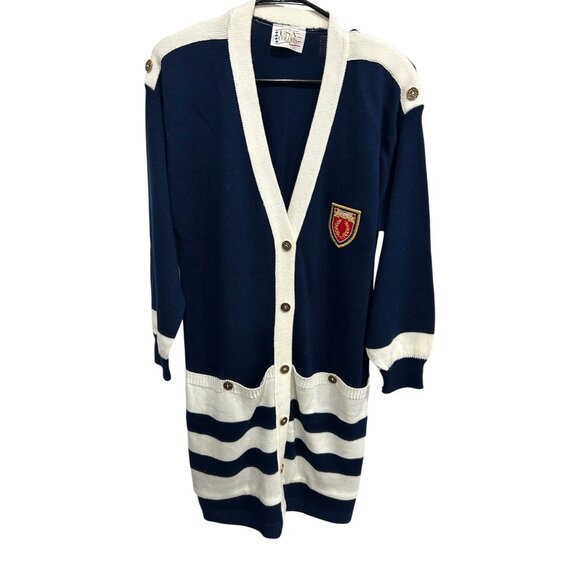 Vintage Navy White USA Colors Long Cardigan Sweater Crest Patch Sz Large